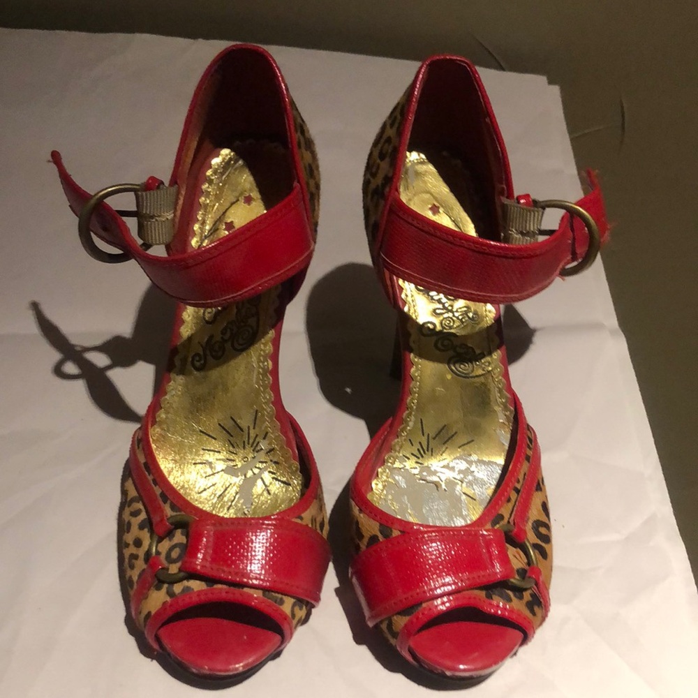 Naughty Monkey red and leopard print heels. Size 9.5